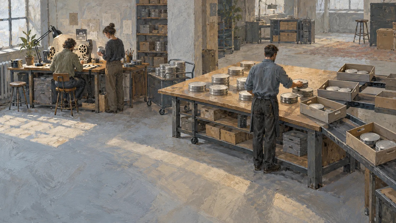 A painterly illustration of three people working with film reels and round metal canisters in a sunlit workshop. SI illustration