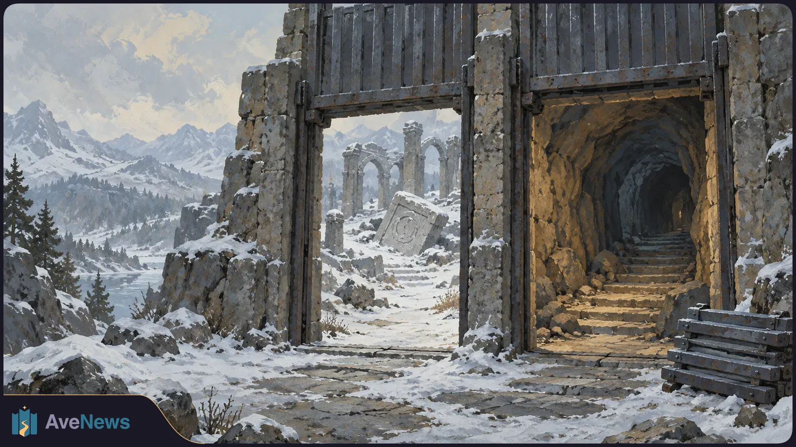 Painted snowy mountain ruins with a tall wooden gate, stone arches and a dark stairway leading into a tunnel. SI illustration
