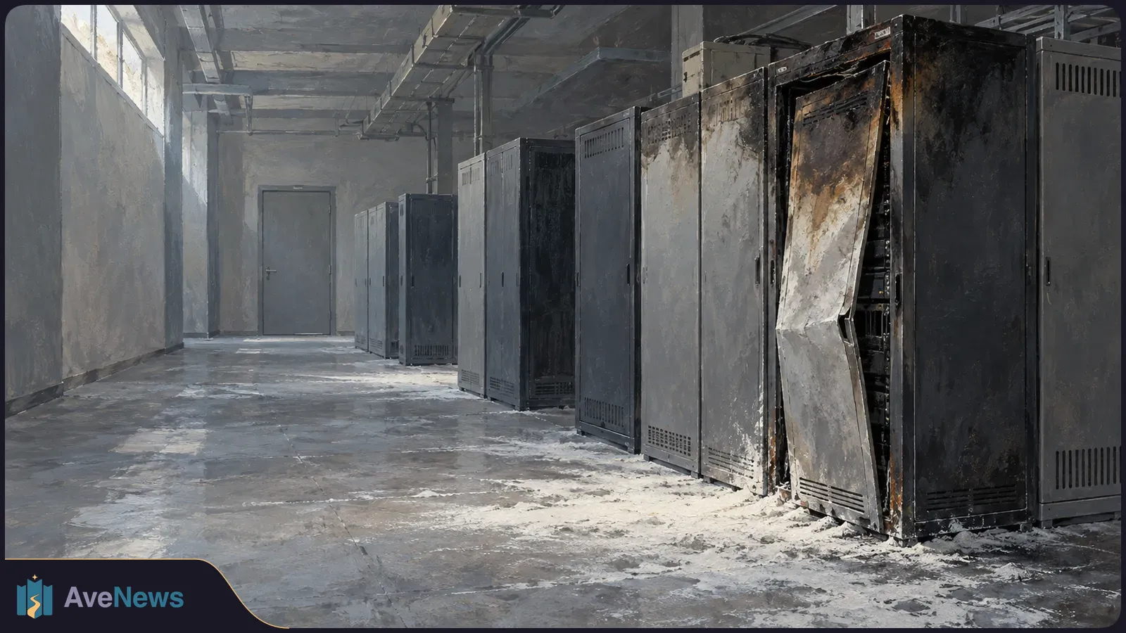 A painted data-centre corridor with rows of server cabinets; the nearest cabinet is blackened, its door bent open, with pale debris scattered across the floor. SI illustration