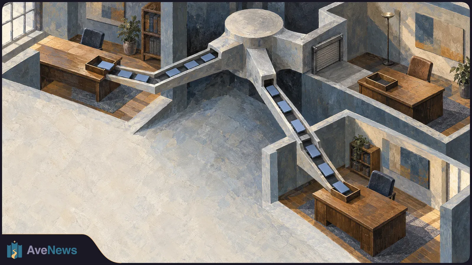 Painterly overhead view of three separate offices, their desks linked by conveyors carrying identical blue tiles from a central hub; one route ends at a closed shutter. SI illustration