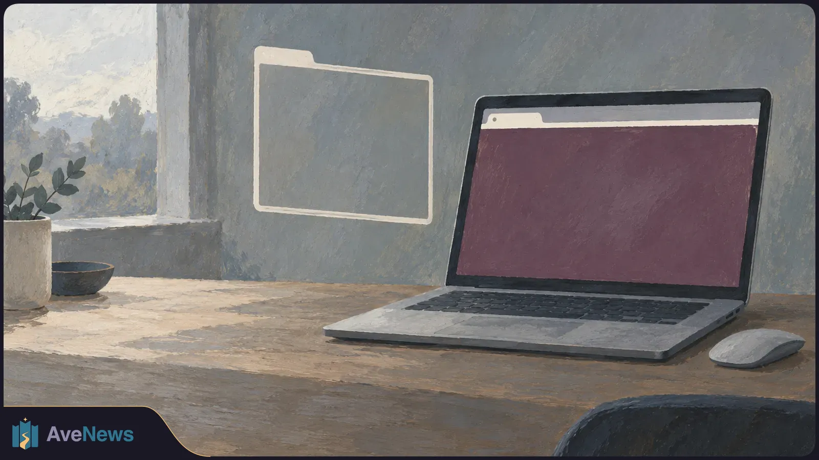 Painted scene of a laptop on a wooden desk, its screen showing a blank purple browser tab. An empty folder outline hangs beside it; a mouse and potted plant are nearby. SI illustration