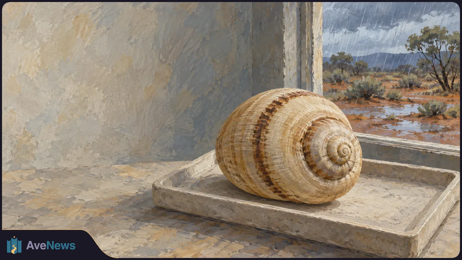 A large spiral snail shell rests on a shallow tray beside a window overlooking a rain-soaked, scrubby landscape. SI illustration