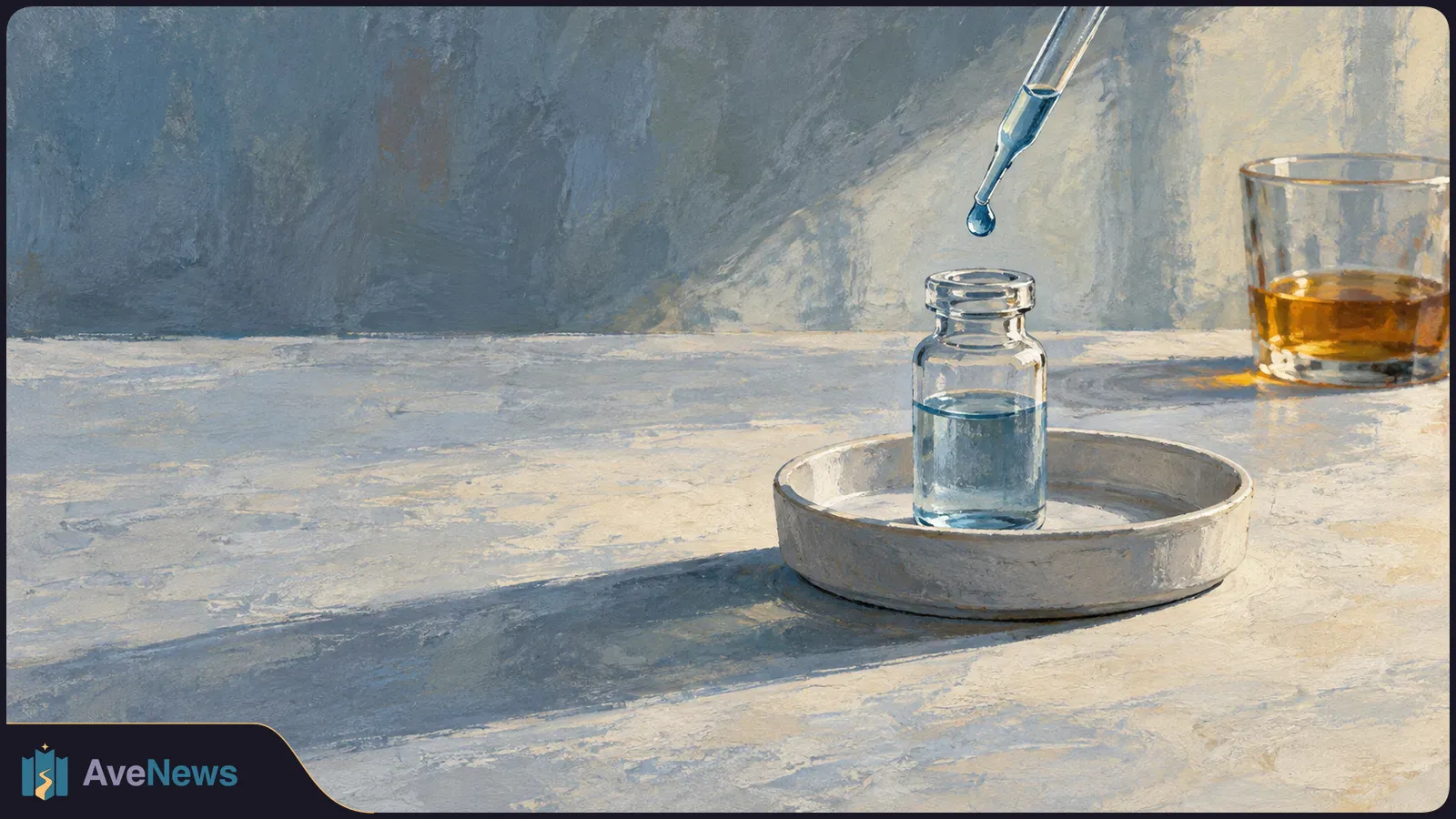Painted scene of a dropper poised over a small vial of blue liquid in a shallow dish, with a glass of amber liquid behind it. SI illustration