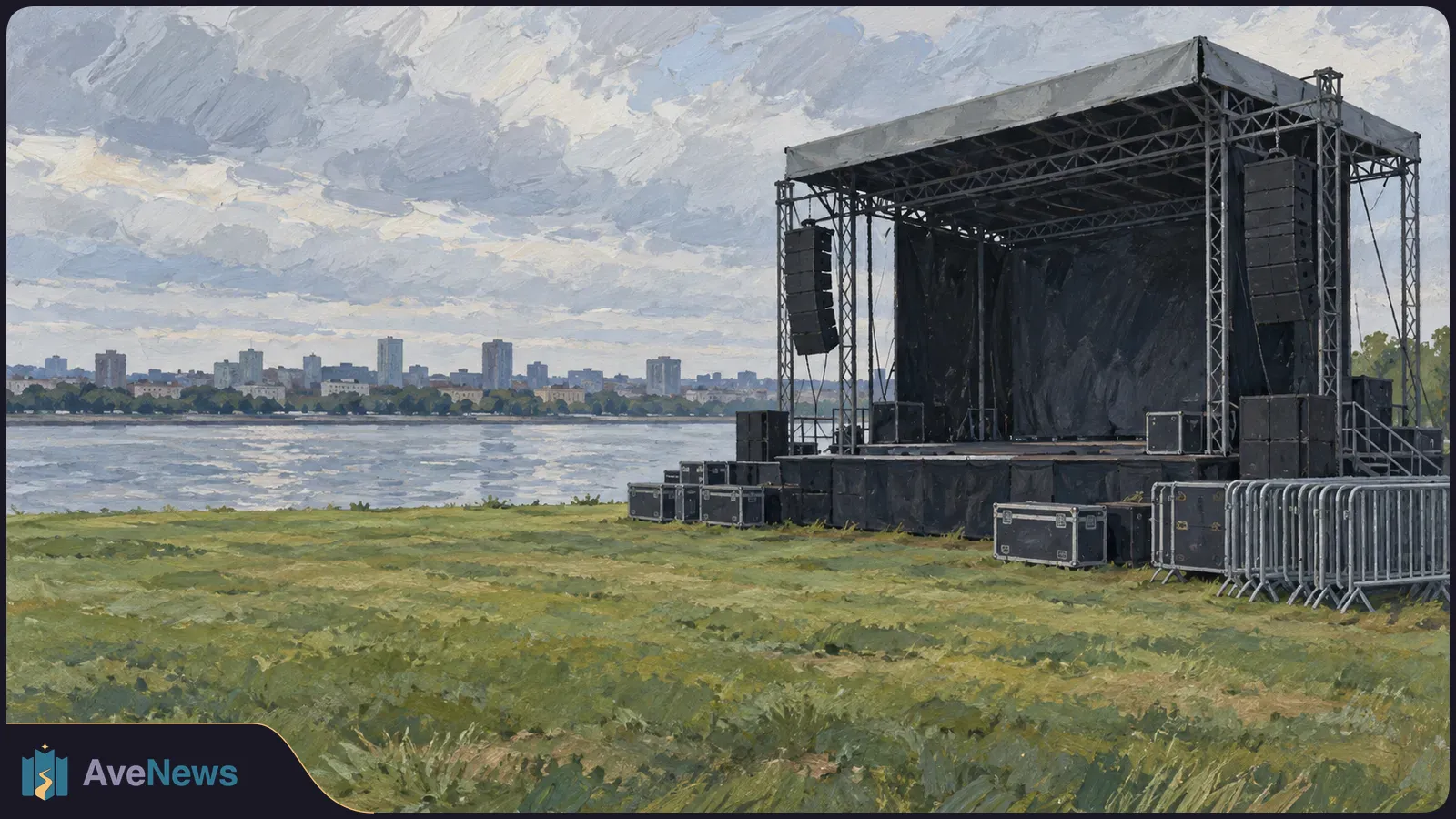 An empty outdoor stage with speakers, equipment cases and barriers stands on grass beside a river. A city skyline sits across the water under a cloudy sky. SI illustration