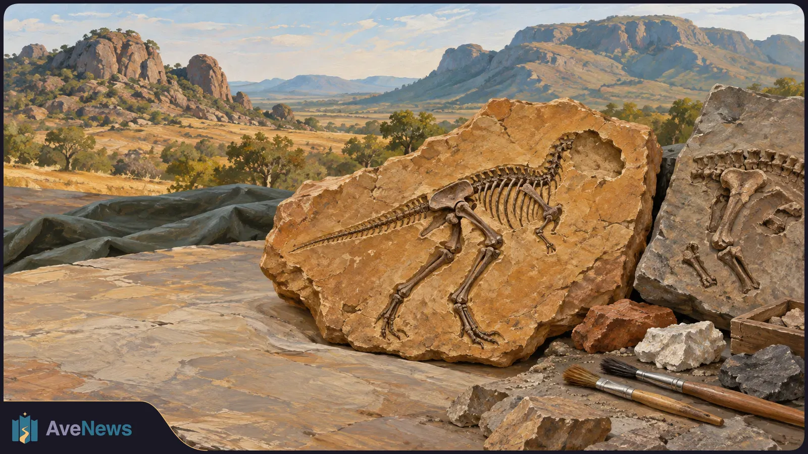 Two rock slabs display dinosaur fossil bones beside excavation brushes, with a sunlit rocky landscape and mountains behind them. SI illustration