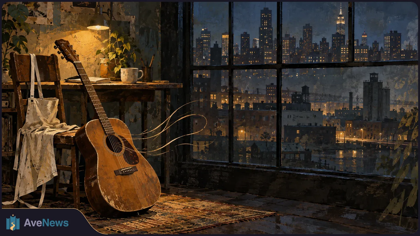 A worn acoustic guitar leans against a chair beside a desk and lamp, with a lit city skyline beyond a large window at night. SI illustration