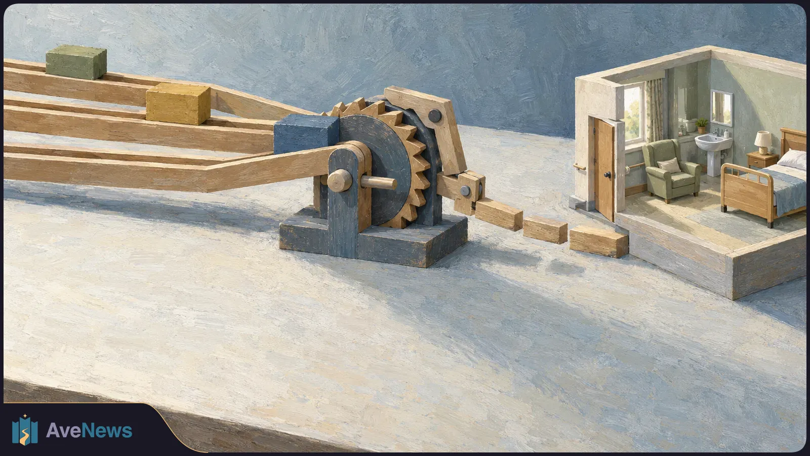 Painted illustration of three wooden tracks feeding a large gear, with blocks leading to a small room containing a bed, armchair and sink. SI illustration