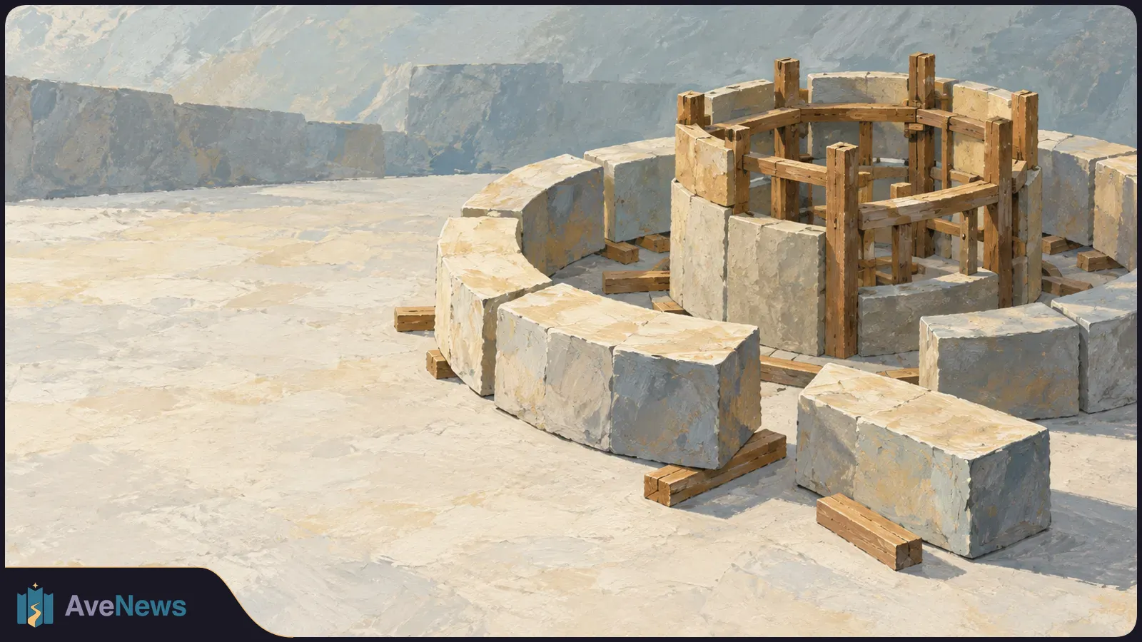 Illustration of large pale stone blocks arranged around a circular wooden frame, with loose timbers on a light stone floor. SI illustration