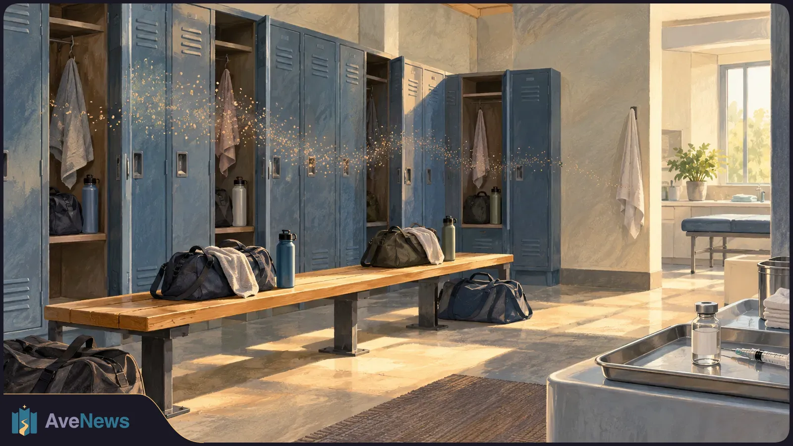 Sunlit locker room with open blue lockers, duffel bags and water bottles. A tray holding a vial and syringe sits in the foreground. SI illustration