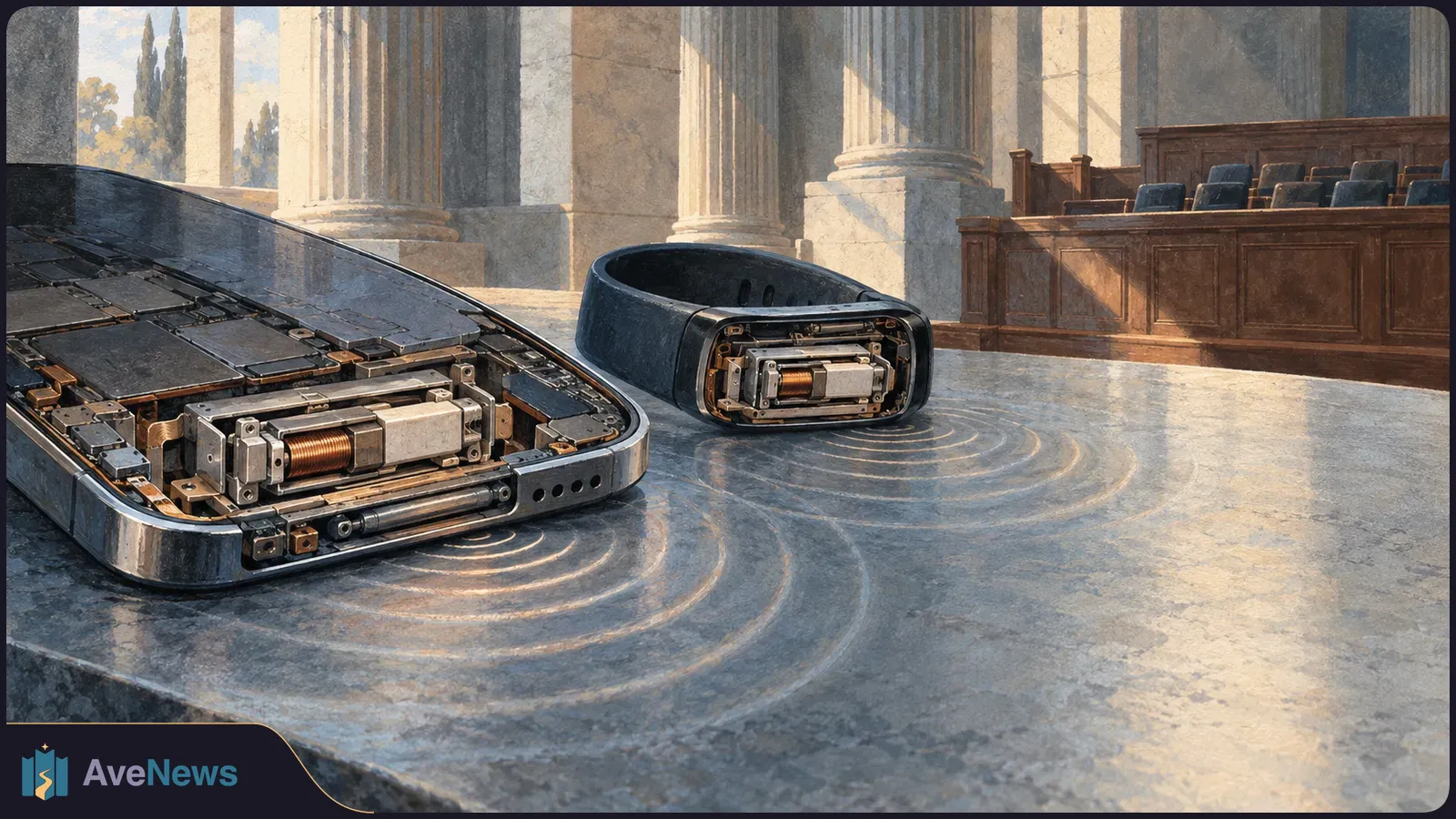 A smartphone and smartwatch with exposed mechanisms rest on a stone surface, surrounded by drawn vibration ripples. Courtroom benches and columns stand behind them. SI illustration