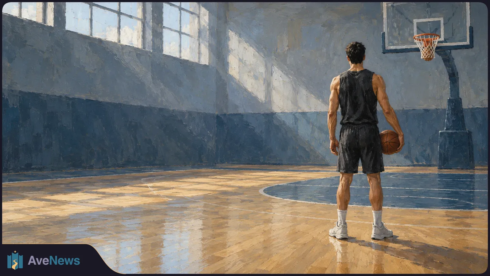 An illustrated basketball player seen from behind holds a ball on an empty indoor court, facing a hoop as sunlight falls through high windows. SI illustration