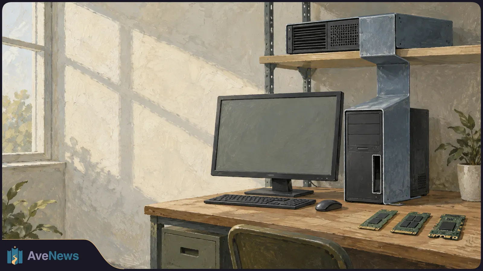 Painted office workstation with a blank monitor, computer tower, keyboard and mouse on a wooden desk, three memory modules in front, and a small server-like box on a shelf. SI illustration