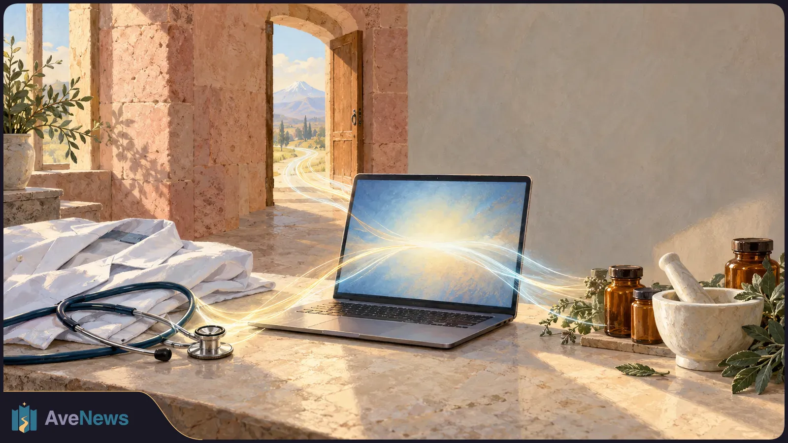 Illustration of a laptop beside a white coat and stethoscope, with medicine bottles and a mortar on a sunlit stone table. Glowing lines lead through an open door toward a mountain. SI illustration