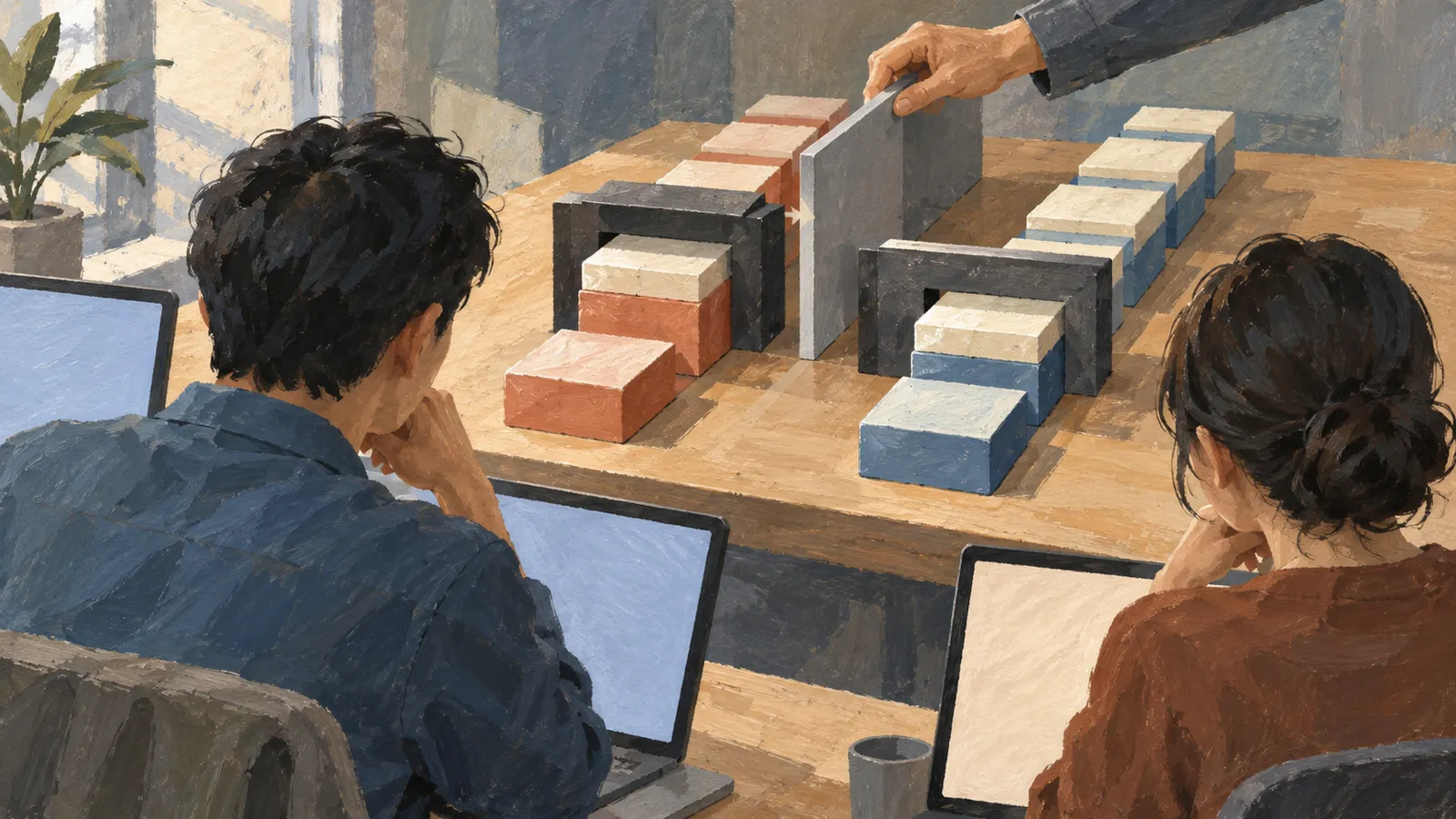Two people with laptops sit at a table facing rows of red and blue blocks. A hand holds a gray divider between the rows. SI illustration