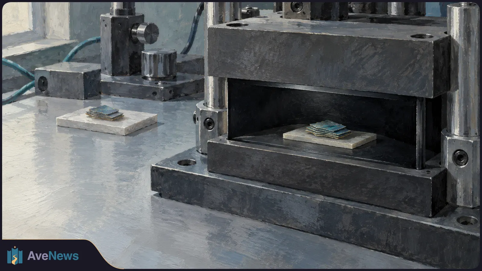Two small stacks of thin blue-green sheets rest on pale platforms, one inside a dark metal apparatus and the other beside it. SI illustration