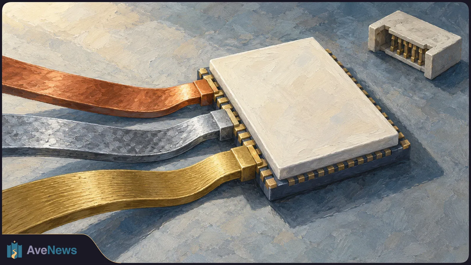 Painted illustration of three copper, silver and gold ribbons connected to a blank chip, with a small pin connector nearby. SI illustration