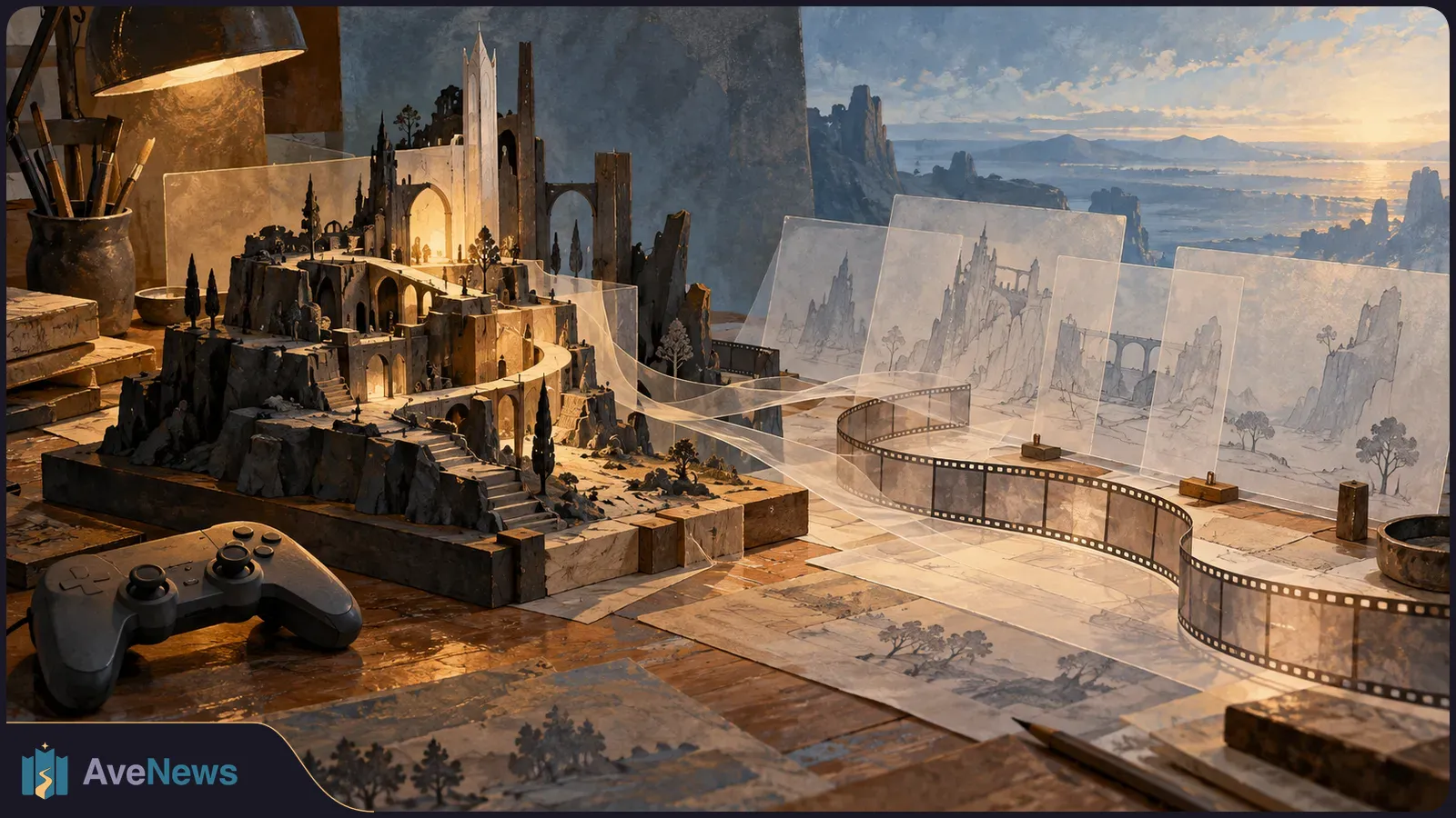 A game controller sits beside a miniature fantasy landscape on an artist’s table, surrounded by sketches, a curling filmstrip and paintbrushes. SI illustration