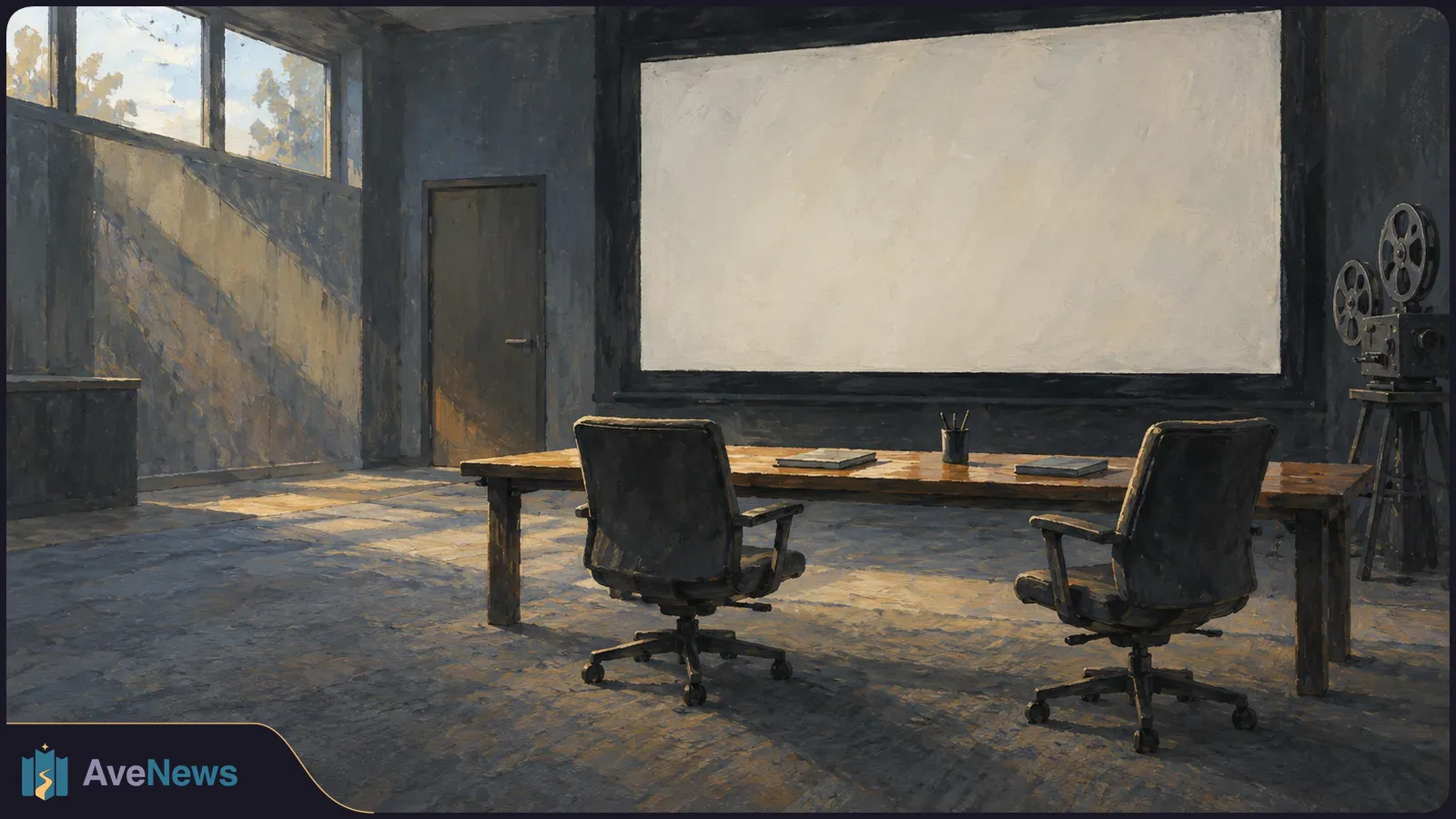 Painted screening room with a blank screen, film projector, long table and two empty office chairs. SI illustration