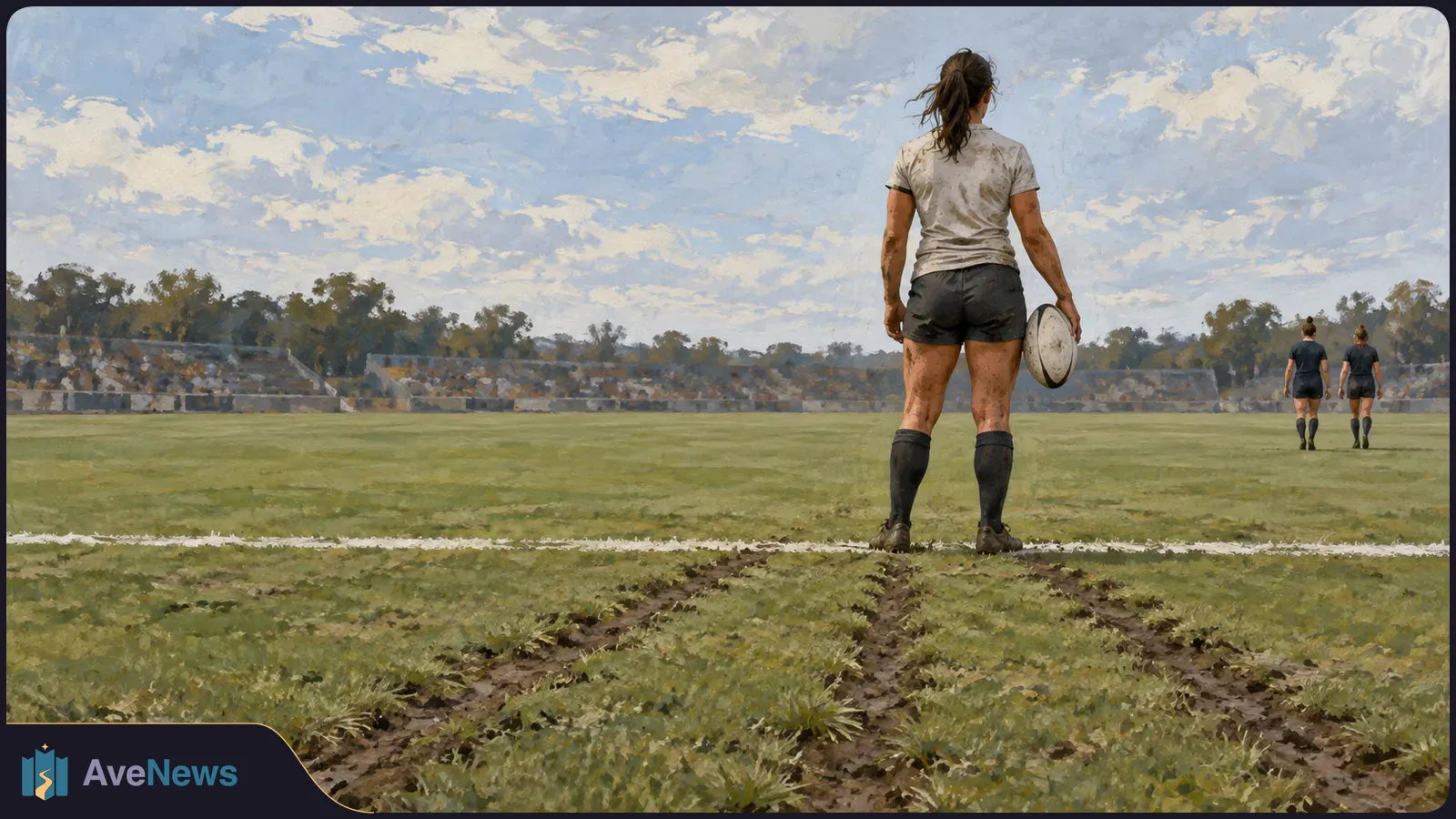 Painterly view of a muddy rugby field: a player seen from behind holds a ball near the touchline while two others walk away toward the far side. SI illustration