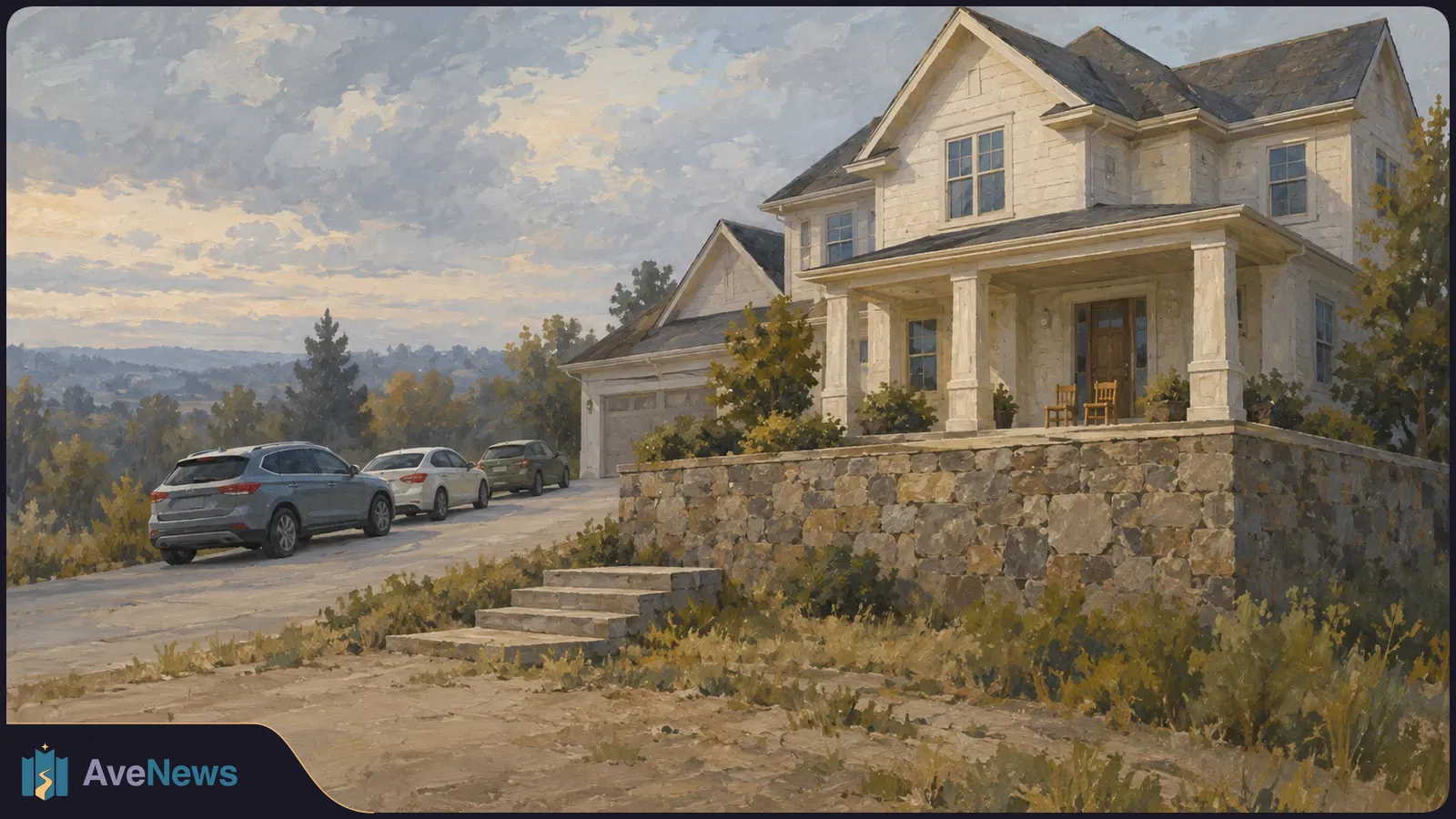 Painted view of a large light-colored house with a porch and stone wall, and three cars parked on the driveway beneath a cloudy sky. SI illustration
