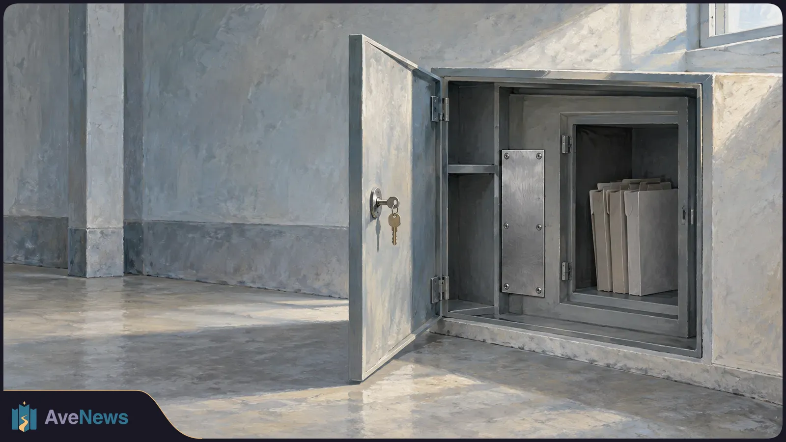Painterly image of an open metal cabinet set into a gray wall, with a key in its door and several unmarked folders inside. SI illustration