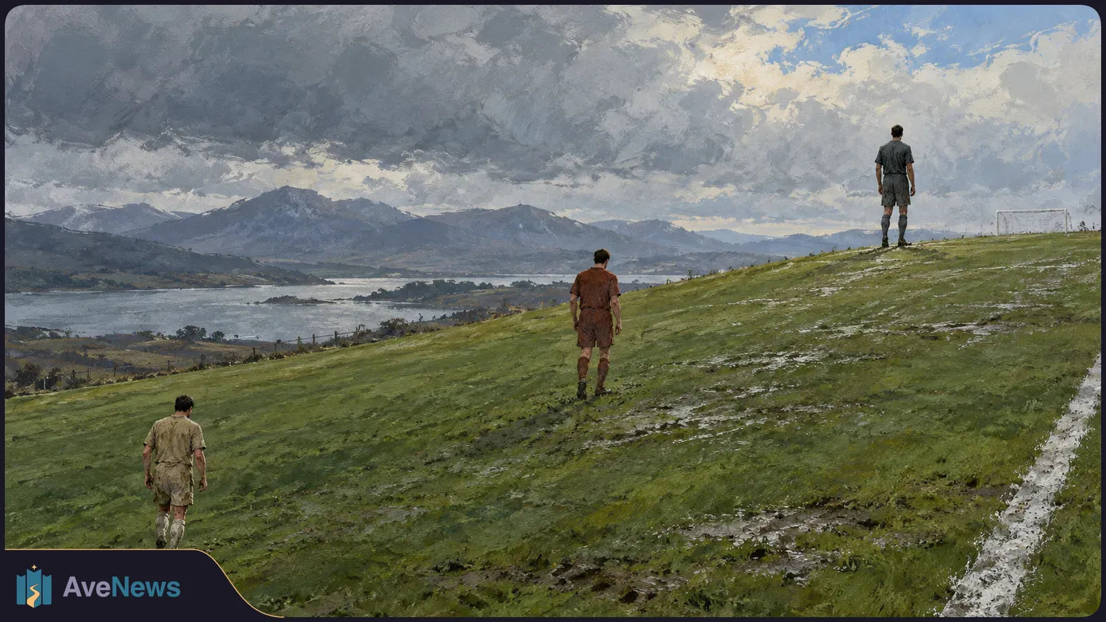 Illustration of three football players walking up a grassy pitch toward a distant goal, with a lake, mountains and dark clouds beyond. SI illustration