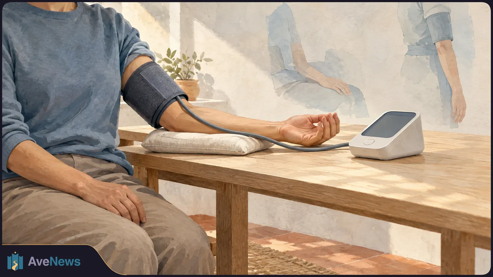 Illustration of a seated person wearing a blood-pressure cuff, with their arm supported on a cushion beside a connected monitor. Faint figures behind show other arm positions. SI illustration