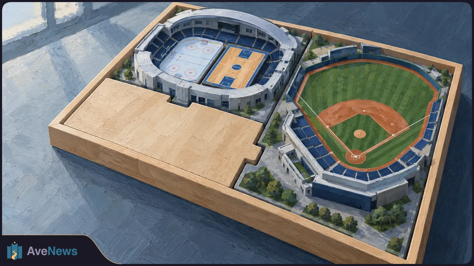 Painterly tabletop model with a baseball stadium beside an arena containing hockey and basketball courts, all within one wooden frame. SI illustration