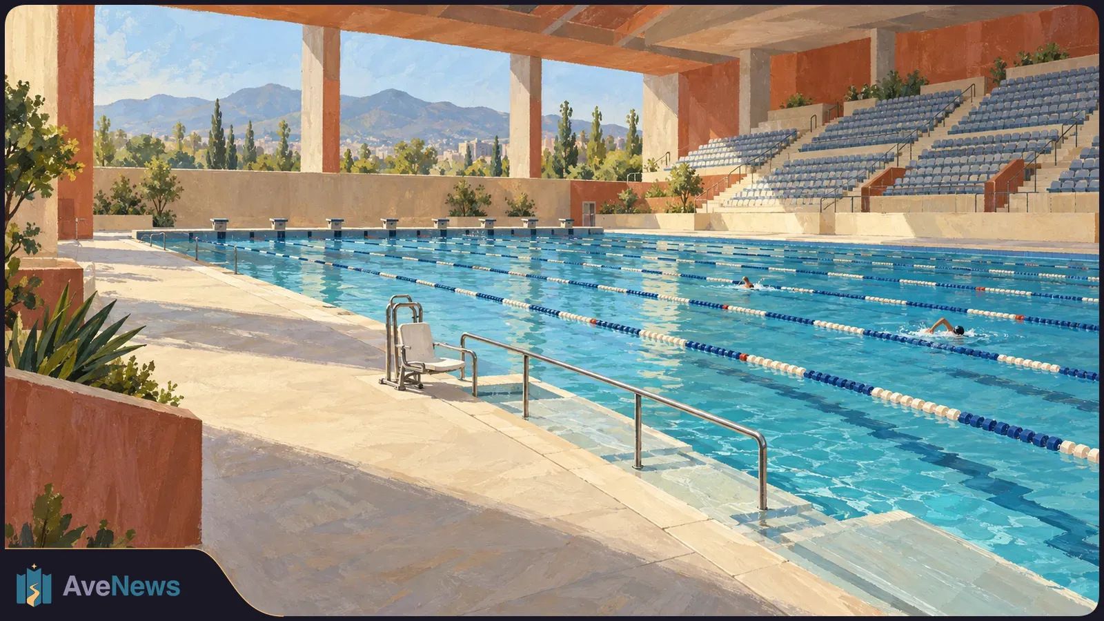 Painted view of a lane-marked swimming pool with two swimmers, empty stands, a pool-access chair lift and mountains beyond the open walls. SI illustration