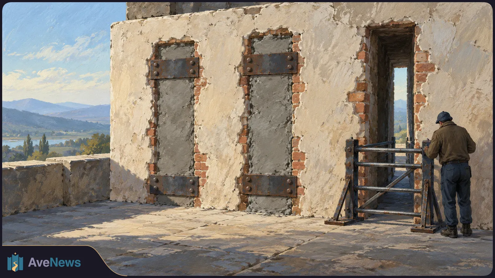 Painted scene of a person beside a metal barrier at a weathered plaster wall with two braced, filled openings; mountains and water are visible beyond. SI illustration