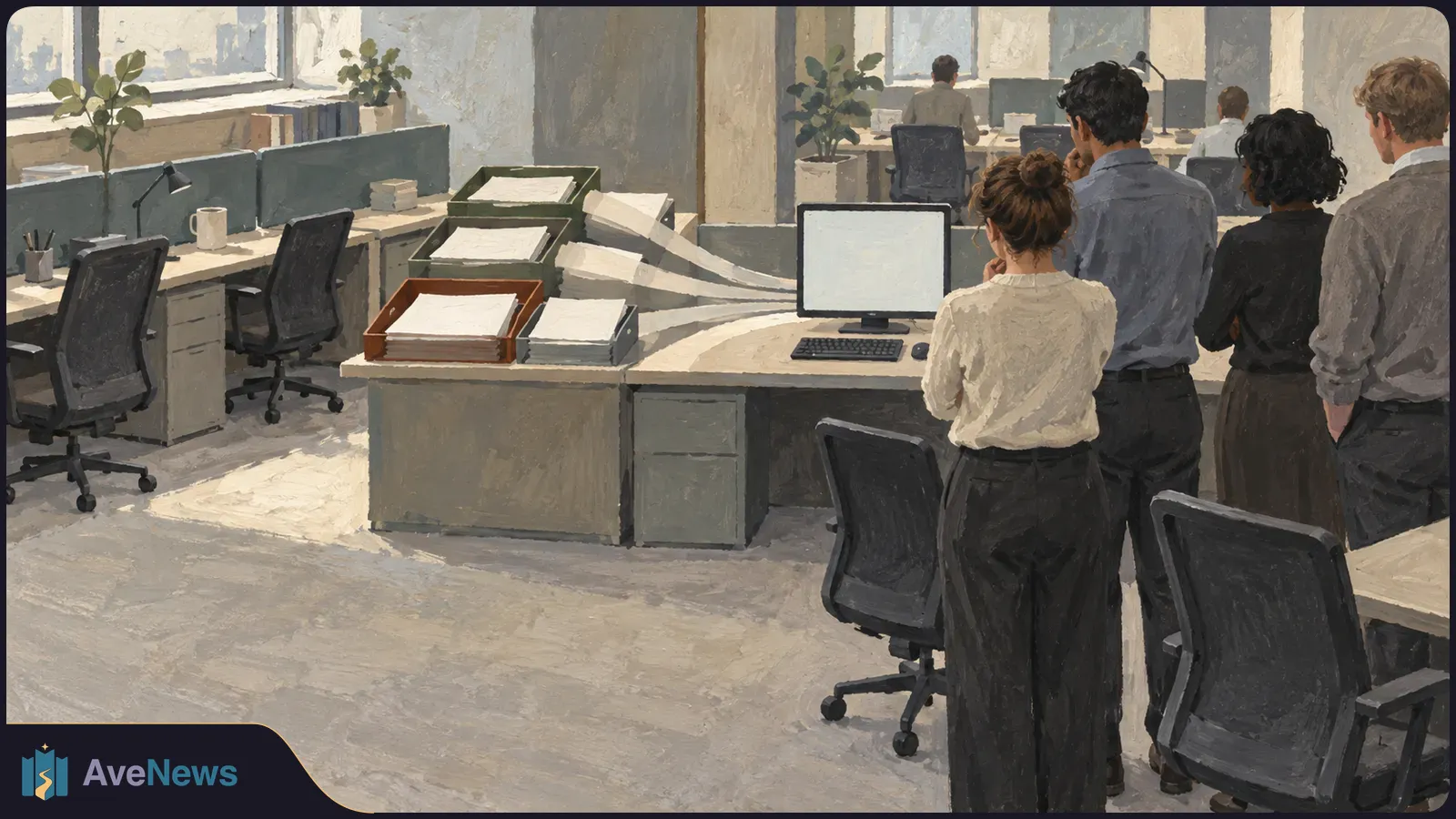 Illustration of several people standing beside a blank computer monitor in an office with desks, chairs and stacks of papers. SI illustration