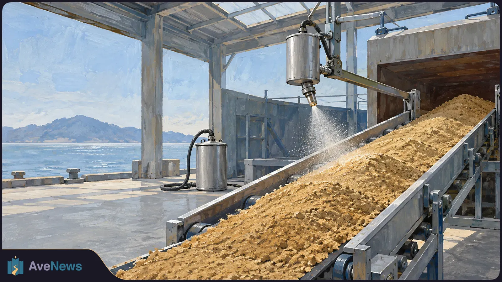 A conveyor carries tan granular material beneath a spraying nozzle in an open-sided industrial shed beside the water. SI illustration