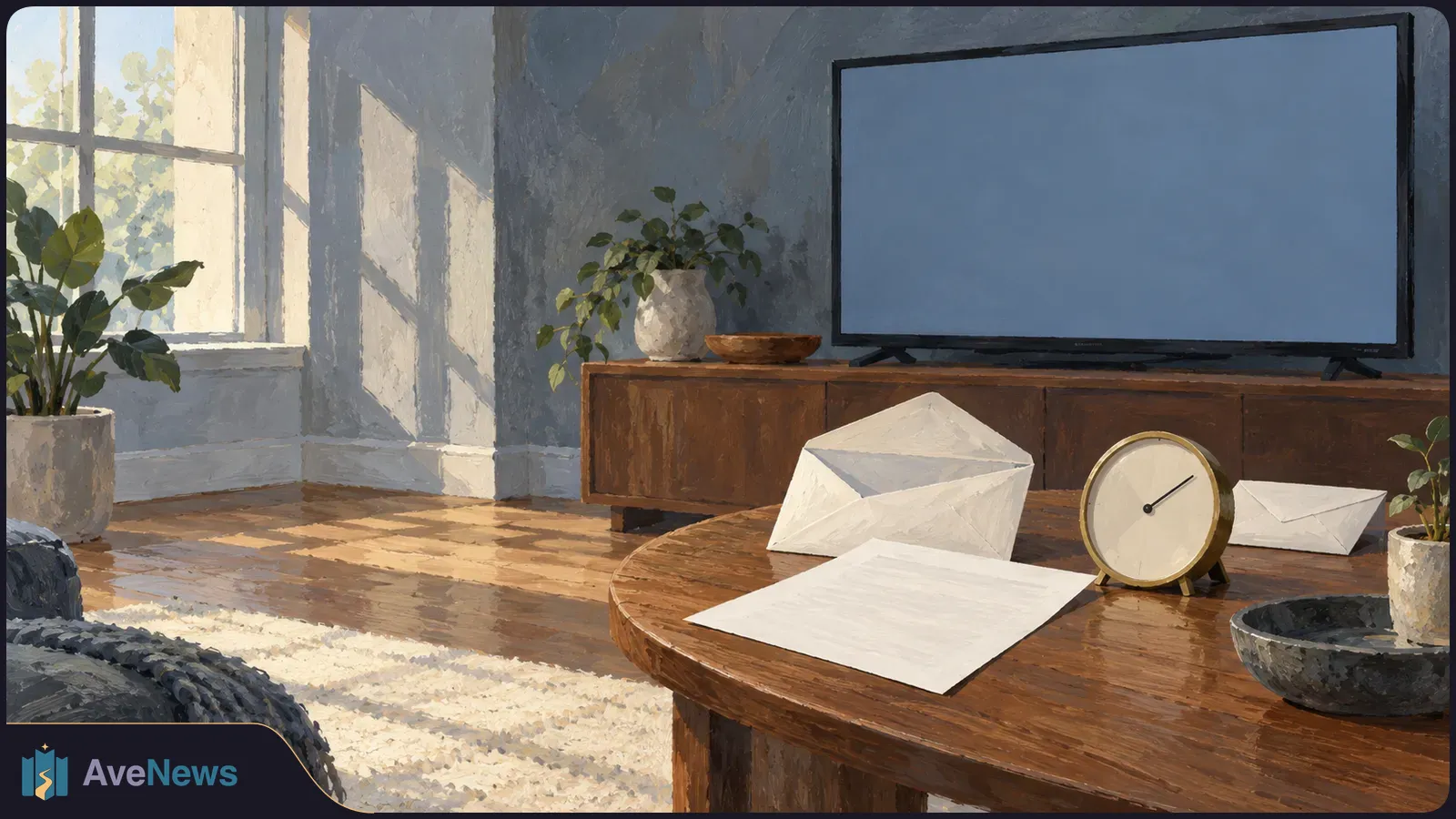Painted living room with a blank television screen; two envelopes, a blank sheet of paper and a clock sit on a wooden table in the foreground. SI illustration