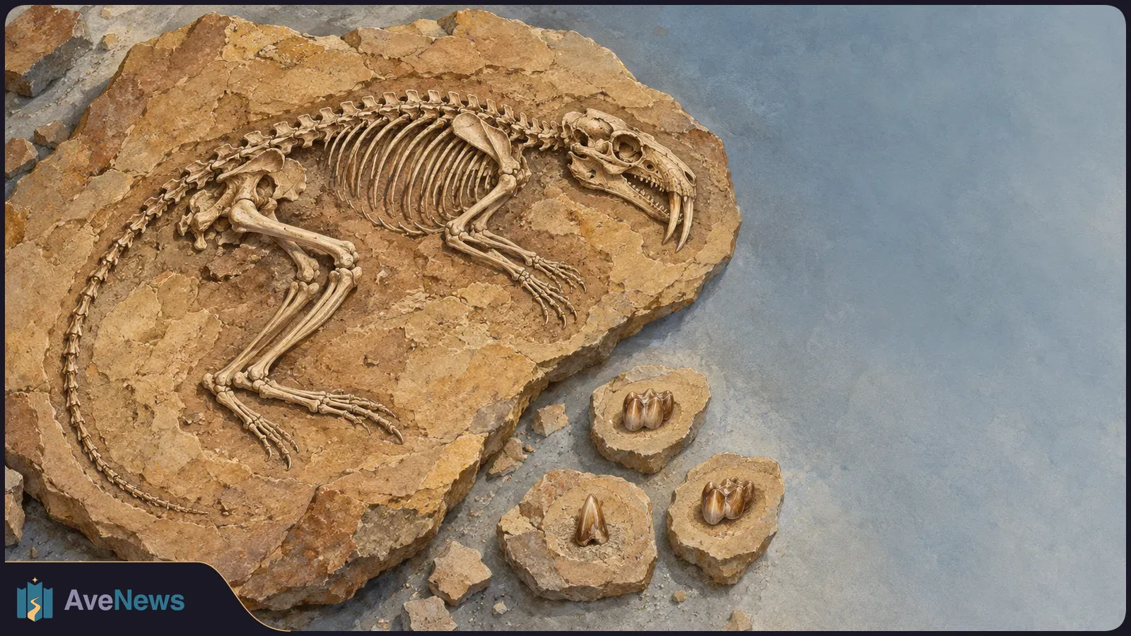 Illustration of a small mammal skeleton in a tan rock slab, with a curved tail and long teeth. Three separate tooth fossils sit on smaller stones beside it. SI illustration