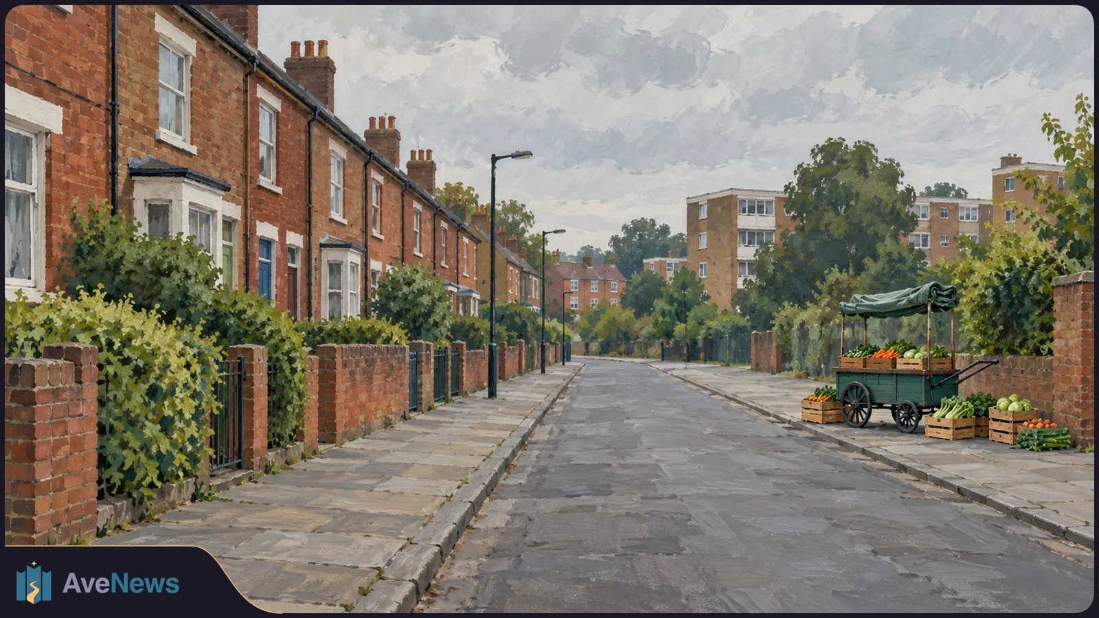 Painterly view of an empty residential street lined with brick houses, with a wheeled vegetable cart and produce crates beside the pavement. SI illustration
