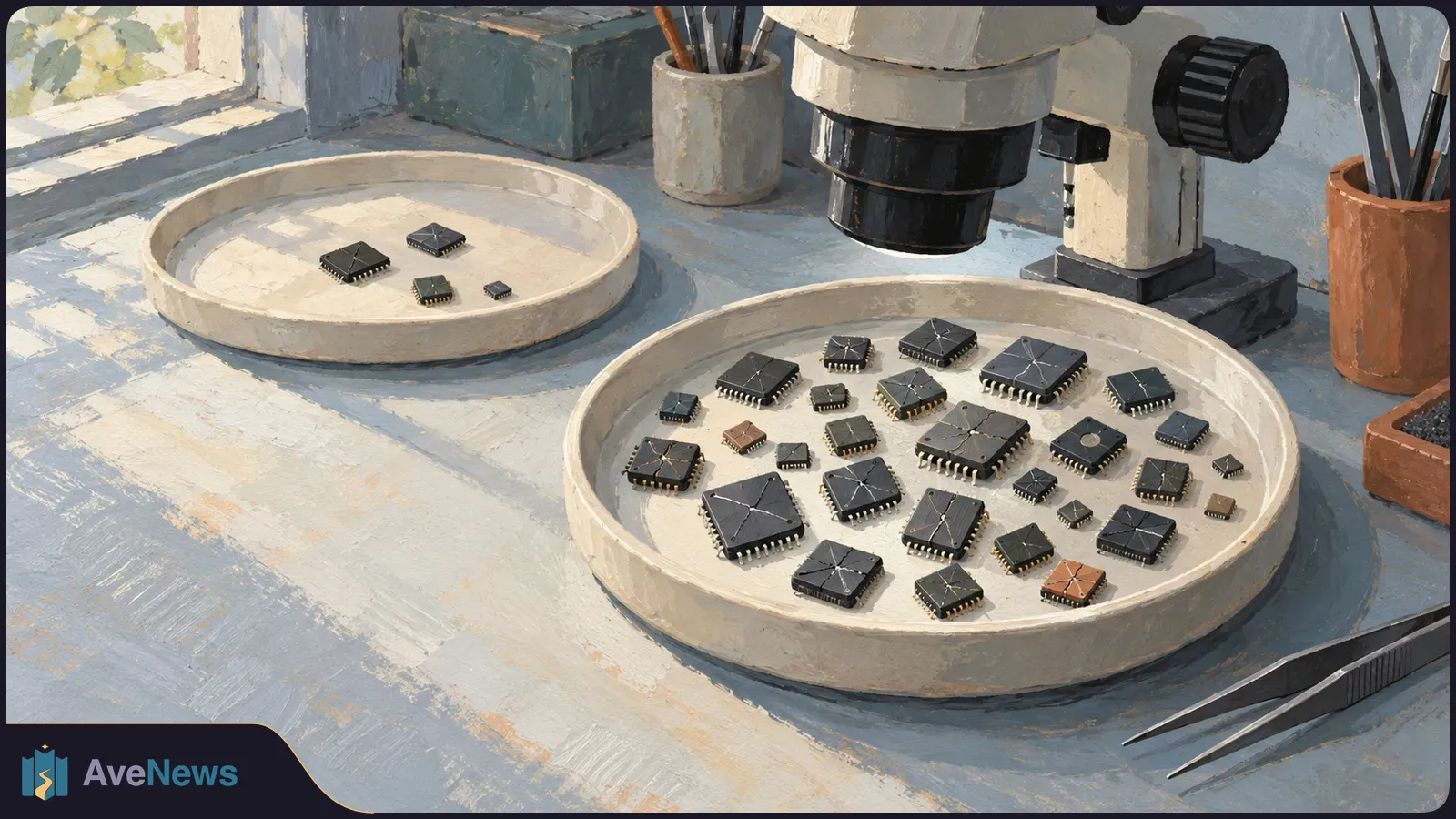 Painted workbench scene with a microscope over a tray of many cracked microchips; a second tray holds only a few. Tweezers lie nearby. SI illustration