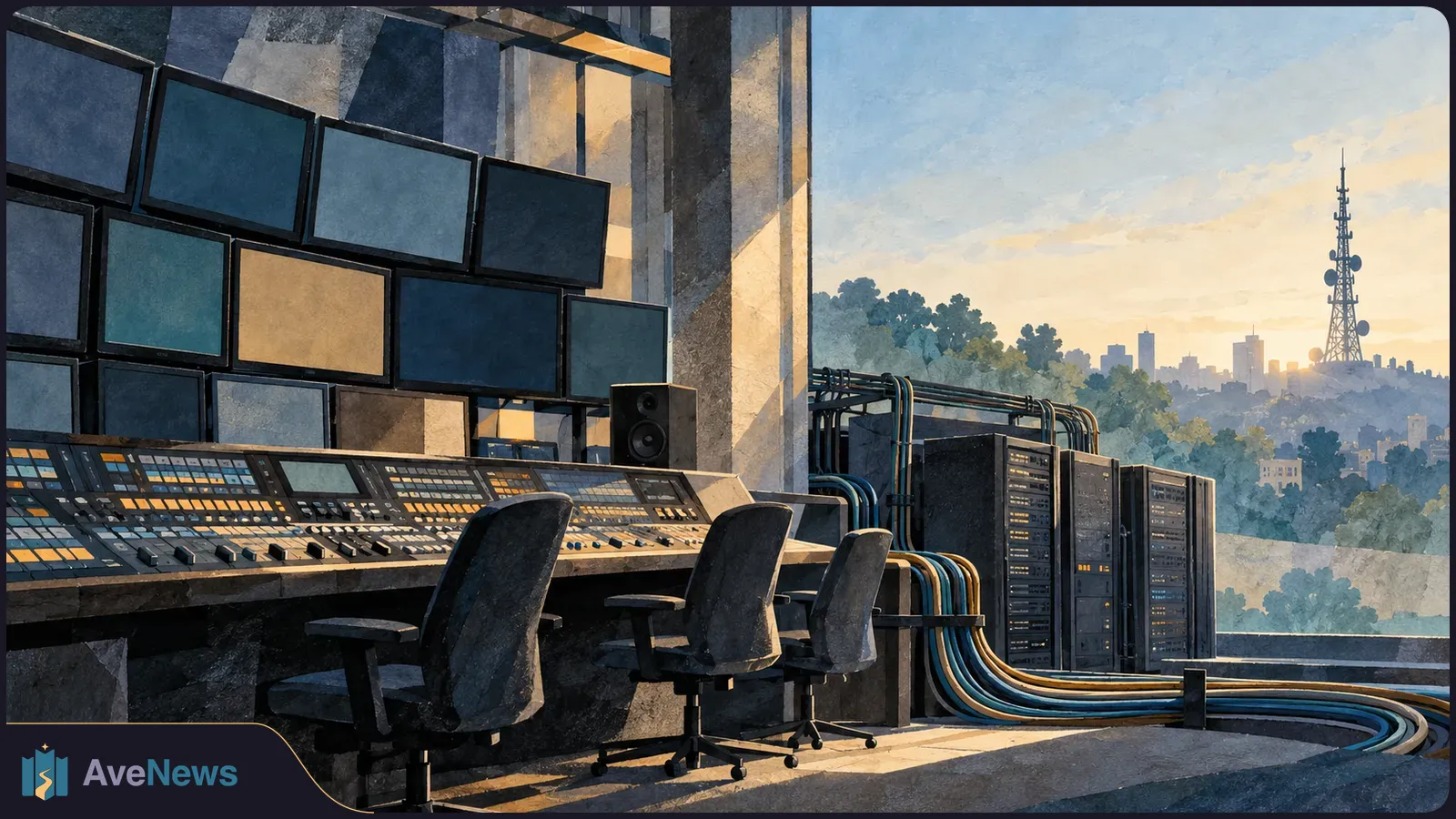 An empty television control room with blank monitors, a broadcast console, chairs and equipment racks. A transmission tower is visible through the window. SI illustration