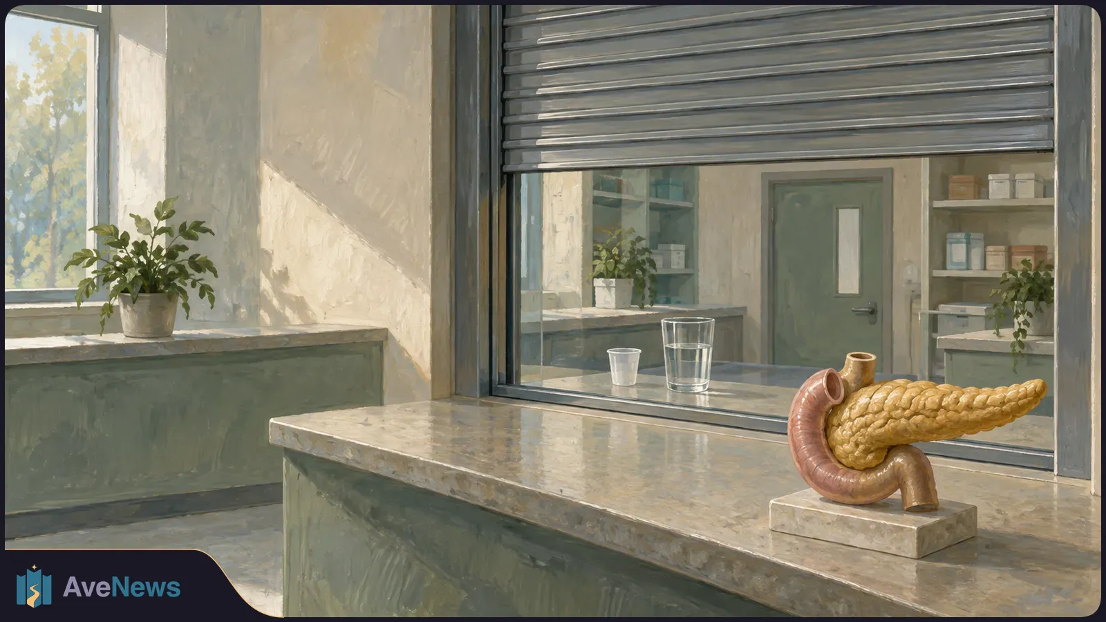 Illustration of a pancreas model on a stone counter beside a partly shuttered service window, with shelves, plants and glasses of water behind it. SI illustration