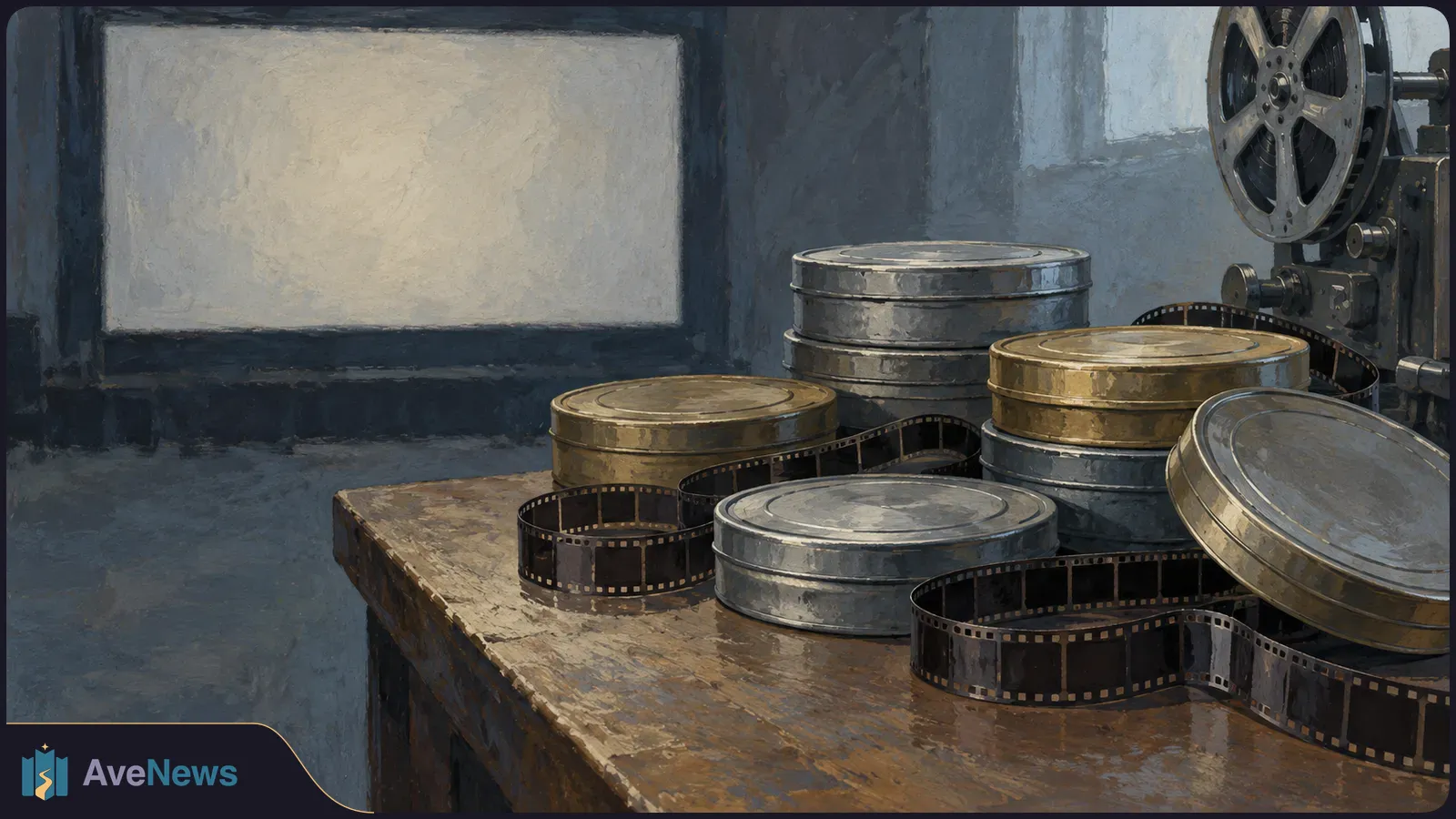 Painted scene of film reels and strips on a wooden table beside a projector, with a blank screen in the background. SI illustration