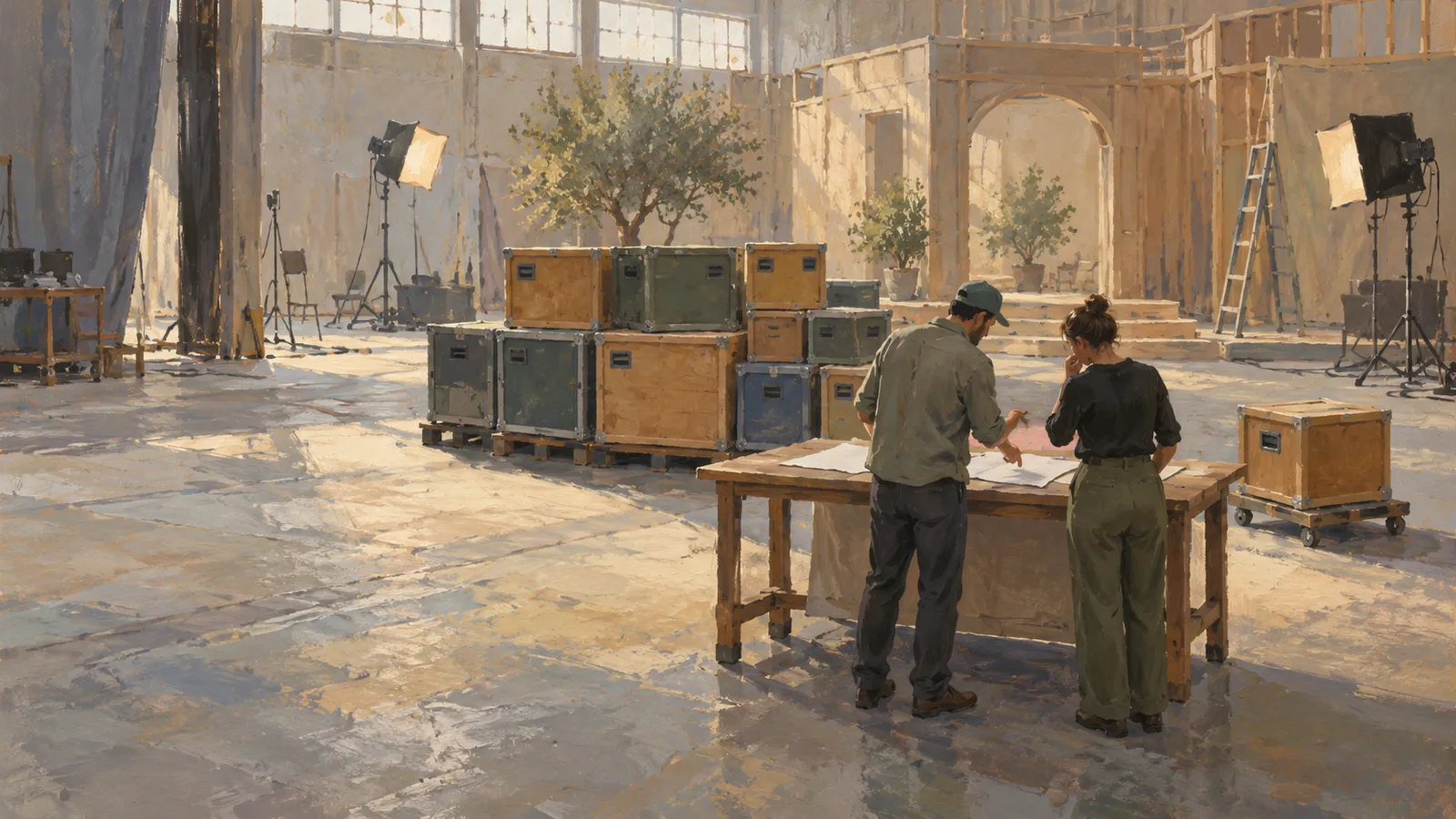 Two people look over papers on a table in a sunlit film studio, surrounded by equipment cases, studio lights and a partially built set. SI illustration