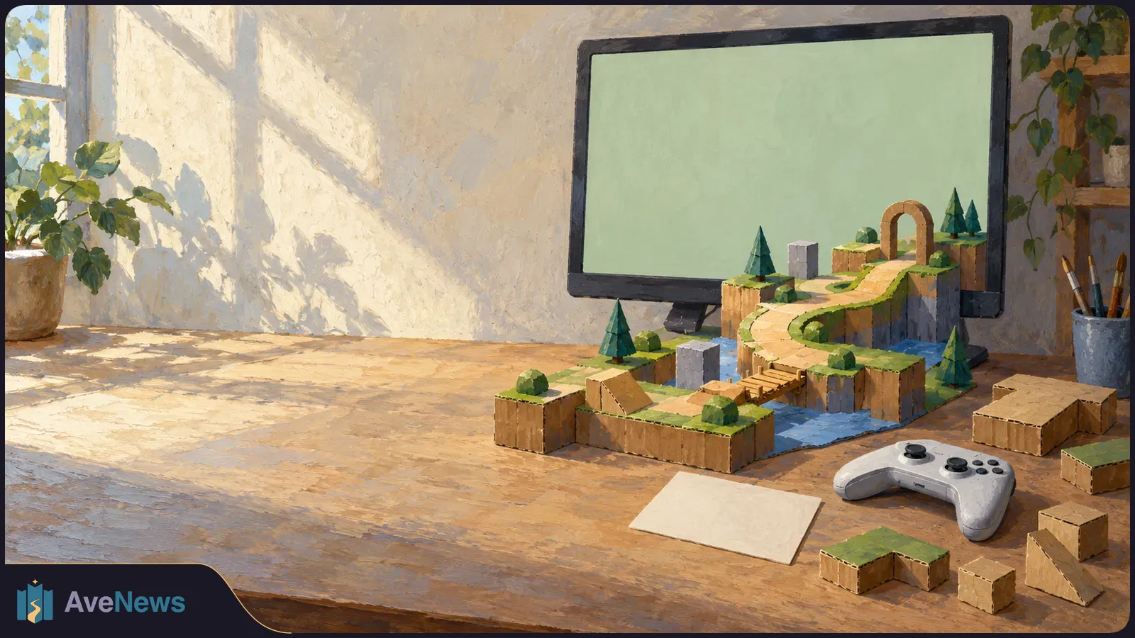 A painted sunlit desk holds a blank monitor, a cardboard game landscape with paths, trees and a bridge, a white game controller, and a blank card. SI illustration