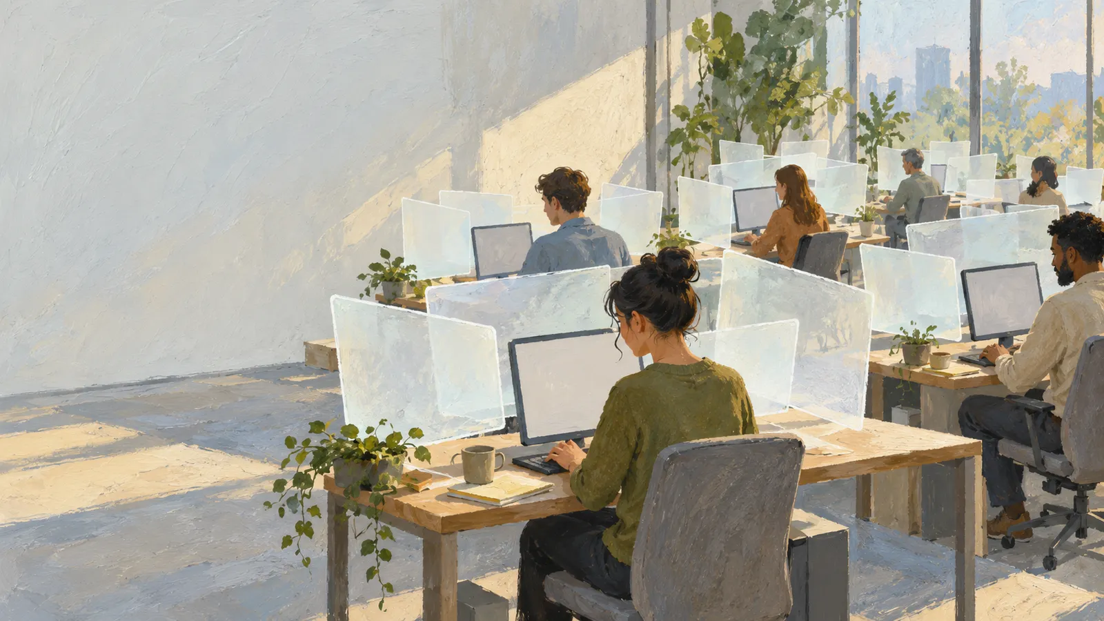 Illustration of people working at computers in a sunlit office, with translucent desk dividers, potted plants and large windows. SI illustration