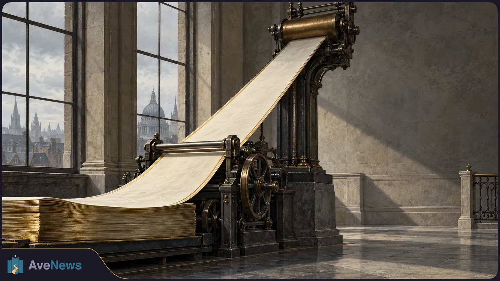 An ornate printing press feeds a long blank sheet onto a stack of paper in a grand hall, with a domed city skyline beyond tall windows. SI illustration