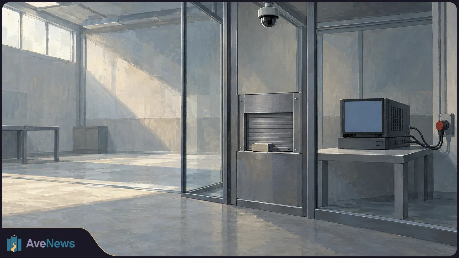 Painted empty room with a glass-partitioned security station, a ceiling camera, a shuttered pass-through and a blank monitor on a table. SI illustration
