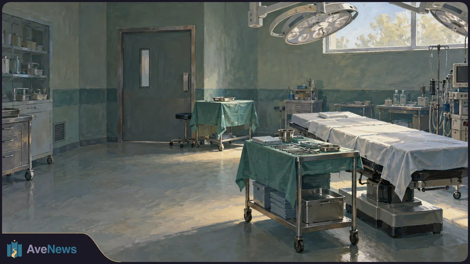 Illustration of an empty operating room with a surgical table, overhead lights and instrument trolleys. SI illustration