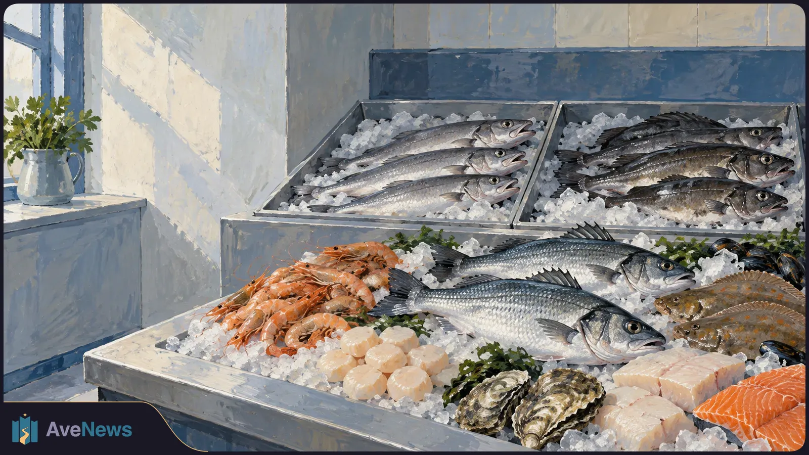 A painted seafood counter displays whole fish on ice beside shrimp, shellfish and pink fillets. A jug of greenery sits by a window. SI illustration