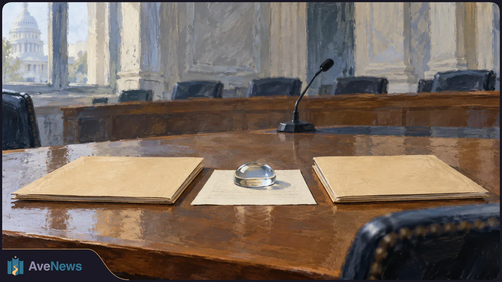Painterly illustration of an empty hearing room with a microphone, folders and a paperweight on a wooden table; a domed building is visible through the window. SI illustration