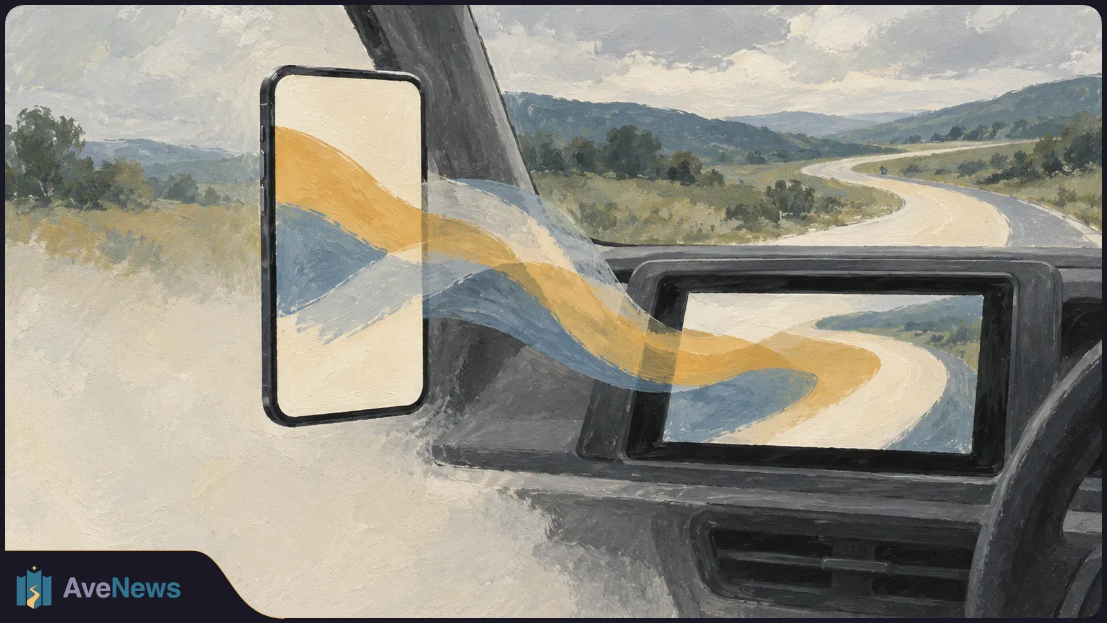 Painted view from inside a car: a phone and dashboard screen show winding yellow and blue paths that flow toward a road through green hills. SI illustration