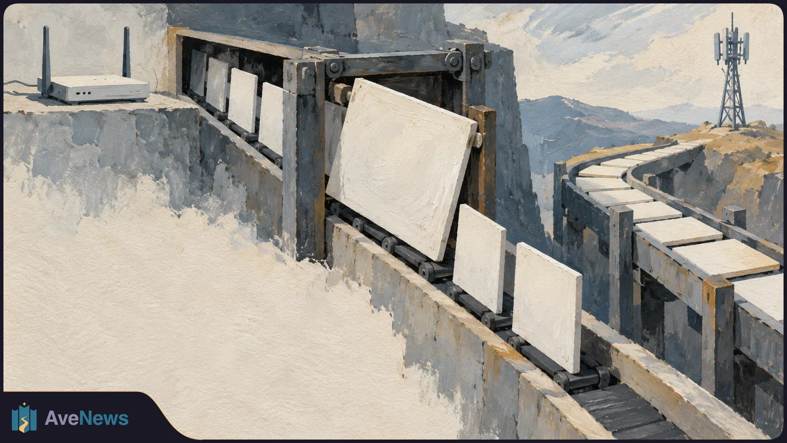 Painted scene of a white router on a ledge, blank white panels on conveyor tracks across rocky cliffs, and a cellular tower in the distance. SI illustration