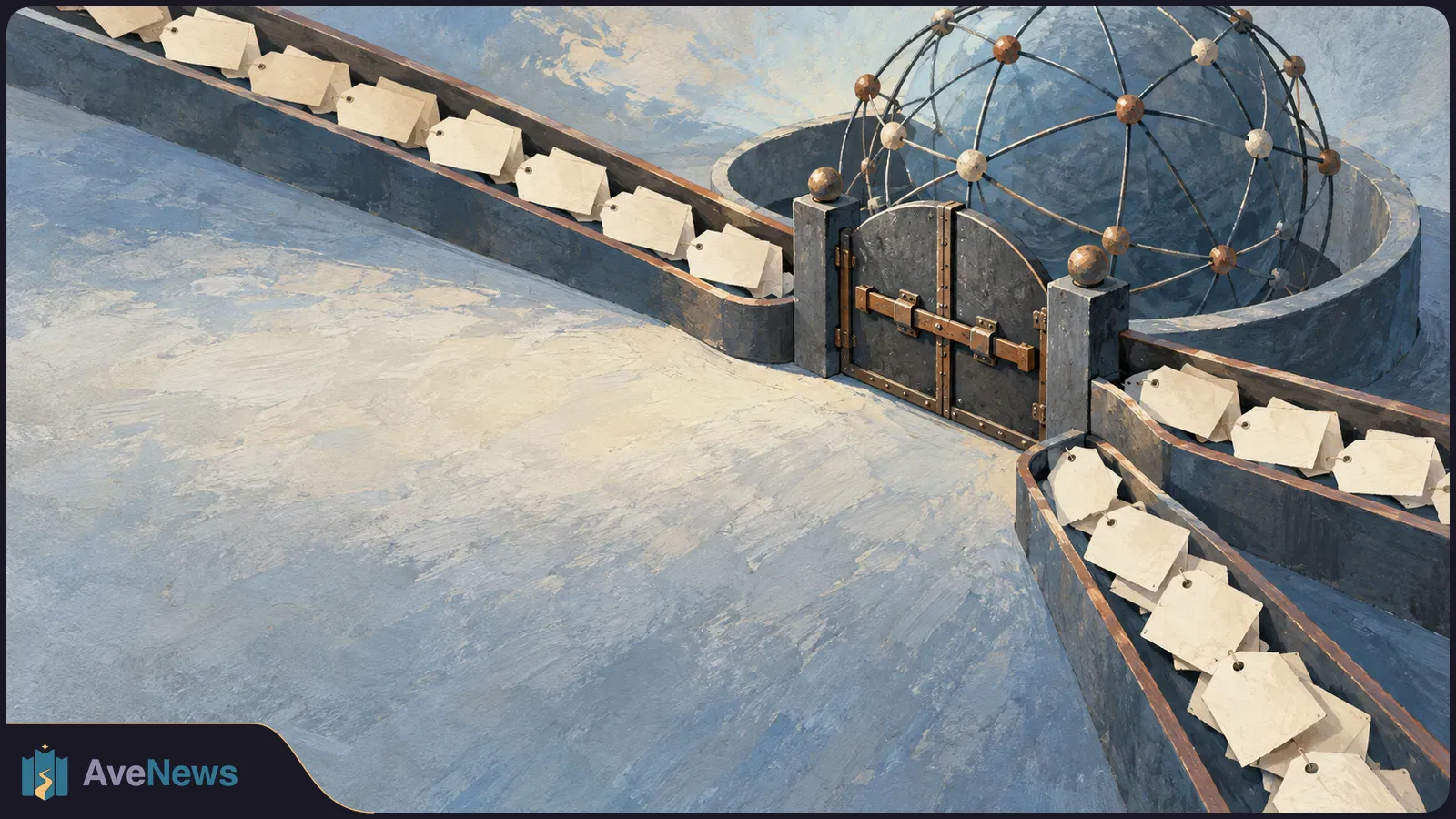 Blank tags line dark channels leading to a closed metal gate, with a wireframe globe behind it against a painted blue-gray background. SI illustration